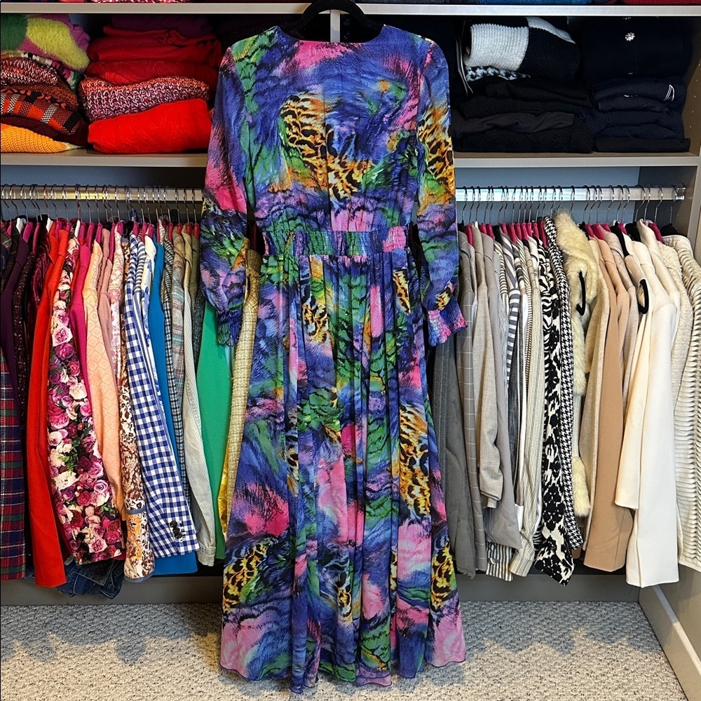 Alexa B blue/pink print long sheer sleeve elastic waist lined maxi dress size 6 - Picture 4 of 4